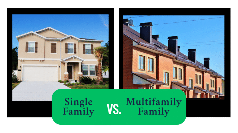 Side-by-side images showing a standalone single-family house on the left and attached multifamily townhouses on the right, with text reading Single Family vs. Multifamily Family below the photos.