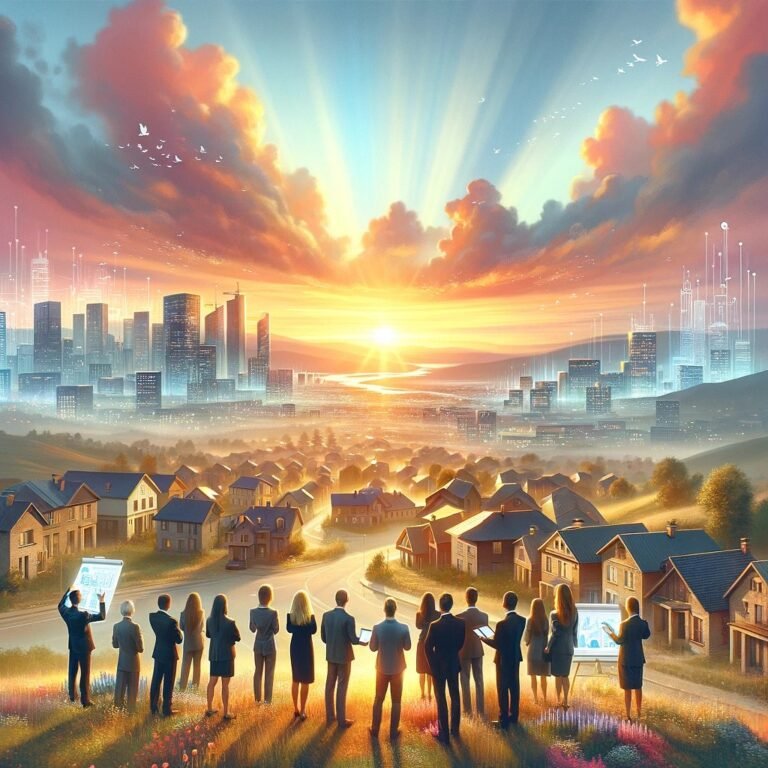 A group of people in business attire stand on a hill overlooking a suburban neighborhood at sunrise, gazing toward a futuristic city skyline under a vibrant sky filled with glowing light and digital elements.