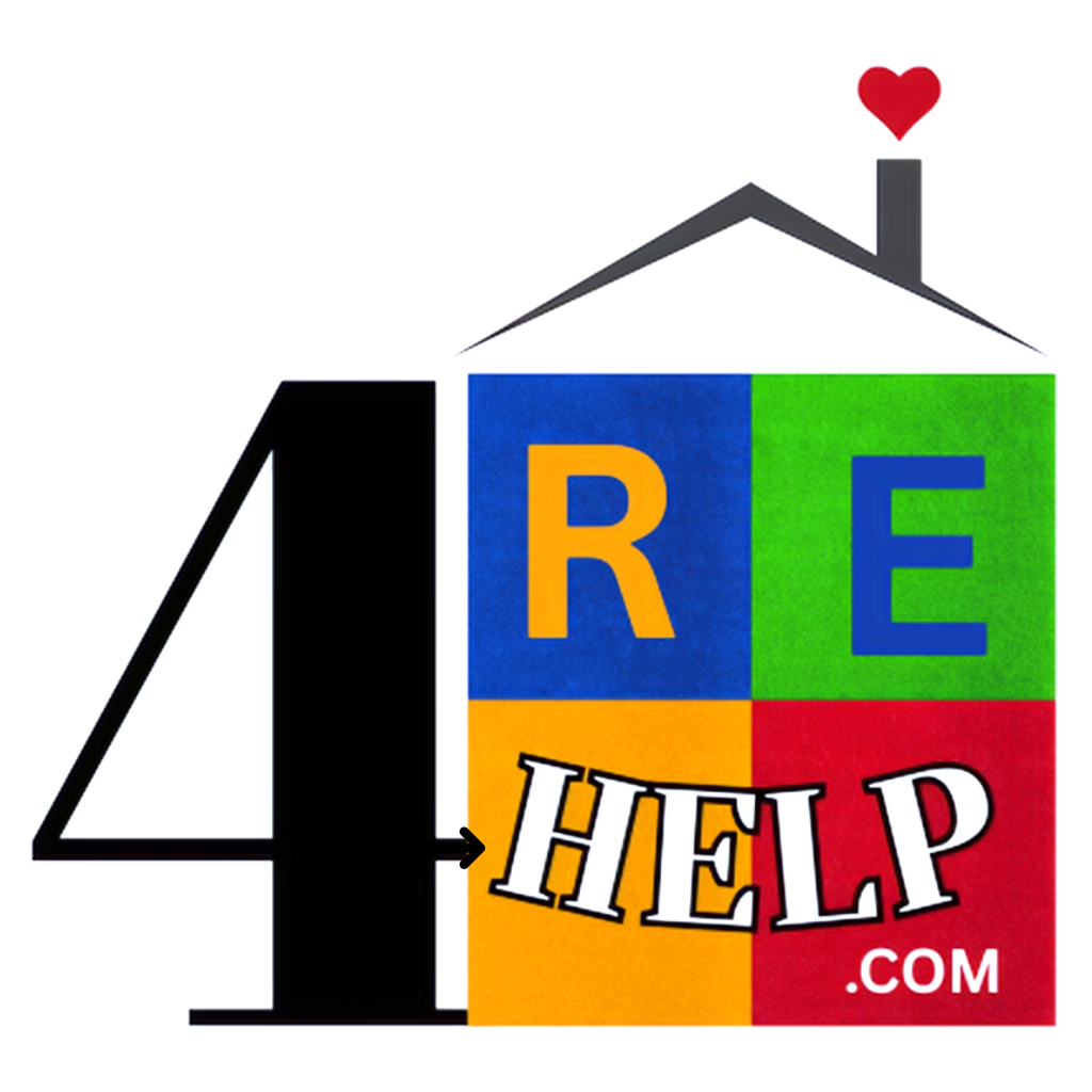 Logo with a large black number 4, colorful blocks with the letters R and E, the word HELP on a white banner, a house roof with a heart-shaped chimney, and .com at the bottom right.